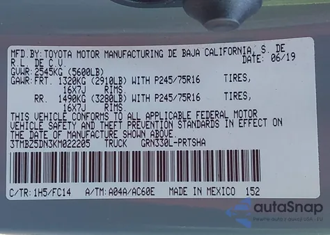 2019 Toyota Tacoma Sr5 из США, поврежденный, VIN 3TMBZ5DN3KM022205